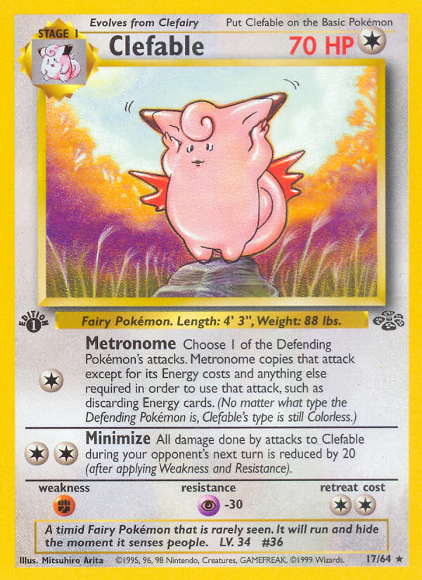 thumbnail image 2 of Clefable (17/64) Jungle Set Rare Pokémon Card - Vintage WOTC, Non Holo, Great Condition! 2 of 5